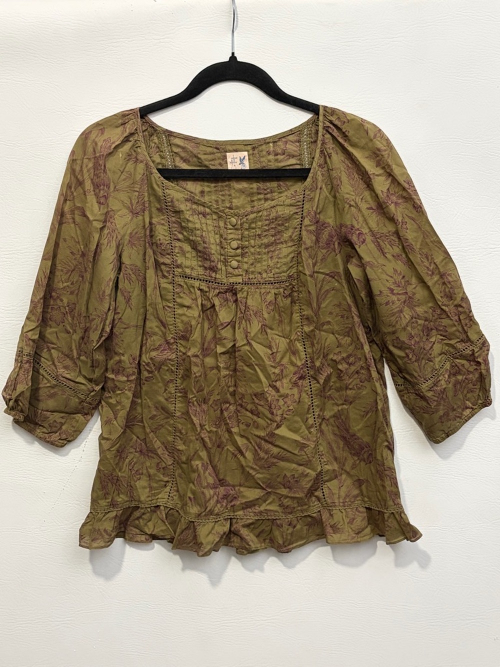 Anthropologie Edme & Esyllte Peasant Green Birds Toile Pintuck Blouse Medium